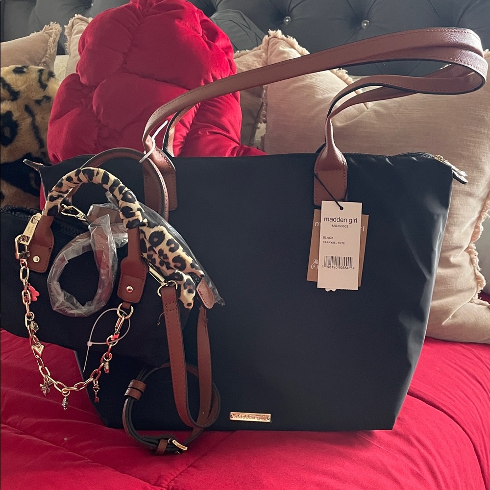 Madden Girl 2 in 1  Black Nylon Tote Set with Brown Accents